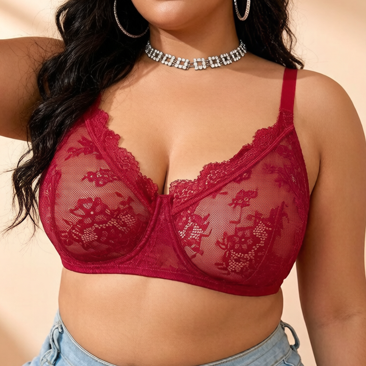 Women Plus Size Red Lace Sheer - Sheer Mesh Bra recensione e prezzo